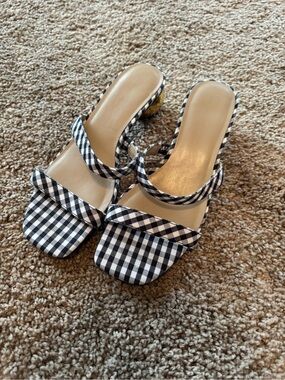 Ann Taylor Black & White Gingham Strap Slide Heels Womens 7